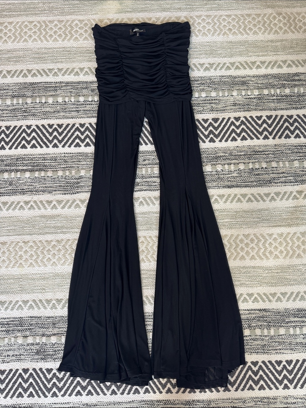 Black Ruched mesh High-Waist Flared Jumpsuit Pants